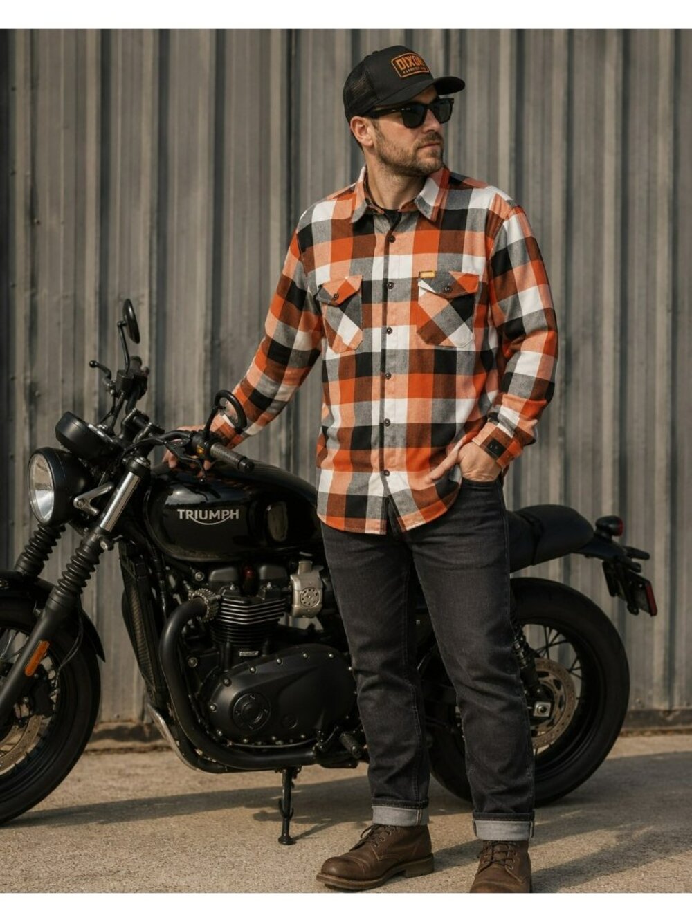 Dixxon Flannel Shirt Mens L Black Gray Orange Plaid Check IronHead WTF Workwear